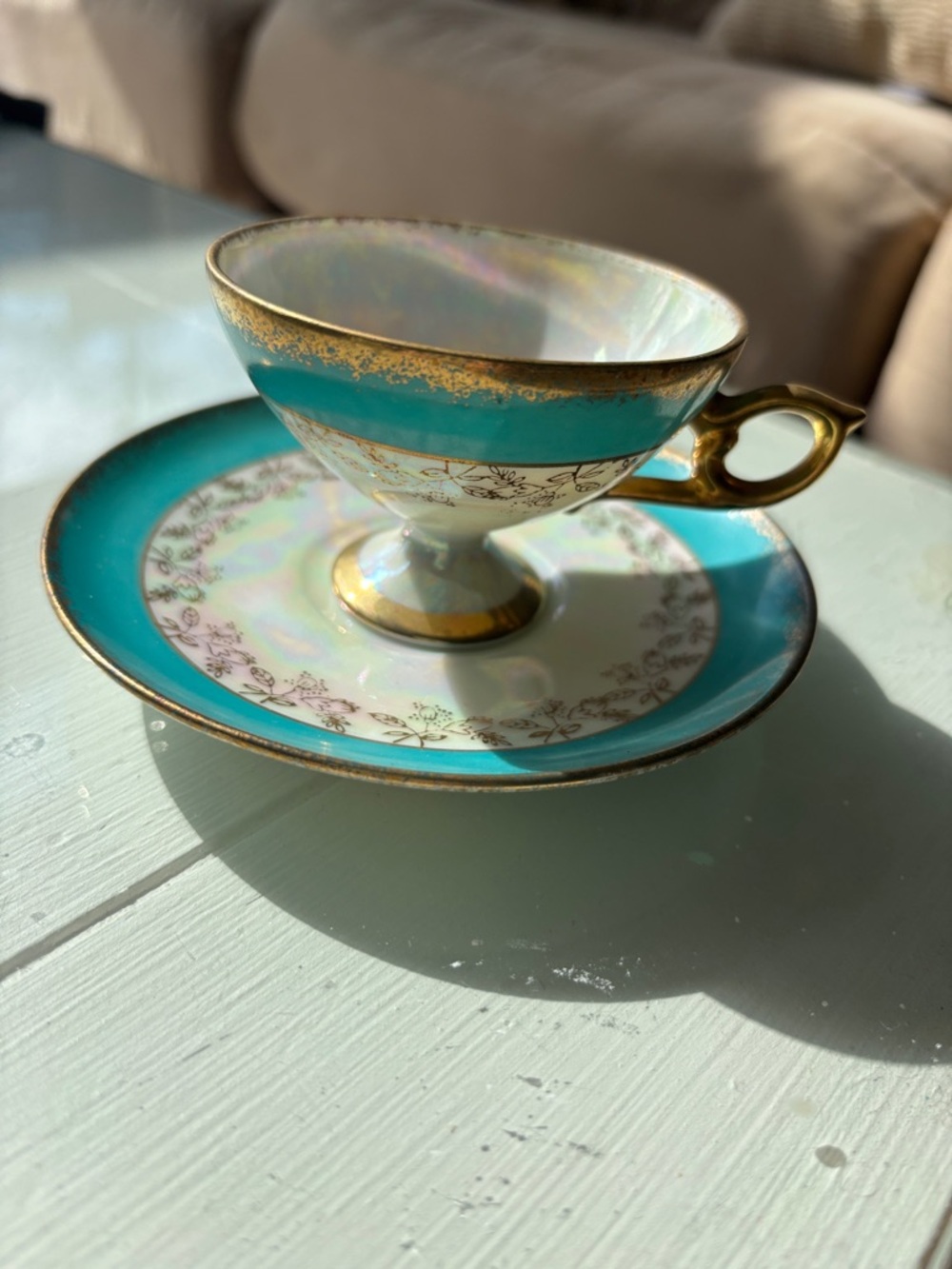 Turquoise and Gold Vintage Teacup with Saucer #1798 no chips or cracks